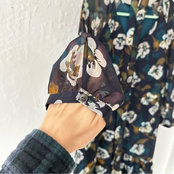 Cabi Navy Blue Pirouette Dress Ruffle Hem Sheer Sleeves Waist Tie M - Picture 5 of 10